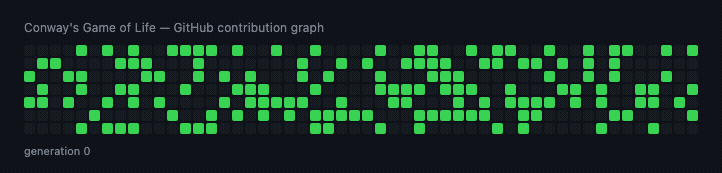 An animated GitHub contribution graph, 52 columns by 7 rows, with green squares switching on and off as a Conway's Game of Life pattern moves across it.