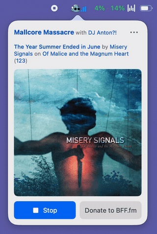 A macOS menu bar dropdown headed Mallcore Massacre with DJ Anton?!, listing the track The Year Summer Ended in June by Misery Signals, above the album cover, with a Stop button and a Donate to BFF.fm button beneath it.